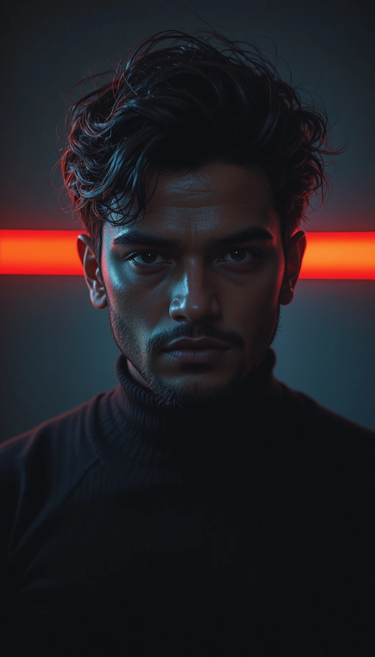 Retrato intenso de persona india iluminado por un afilado haz rojo horizontal