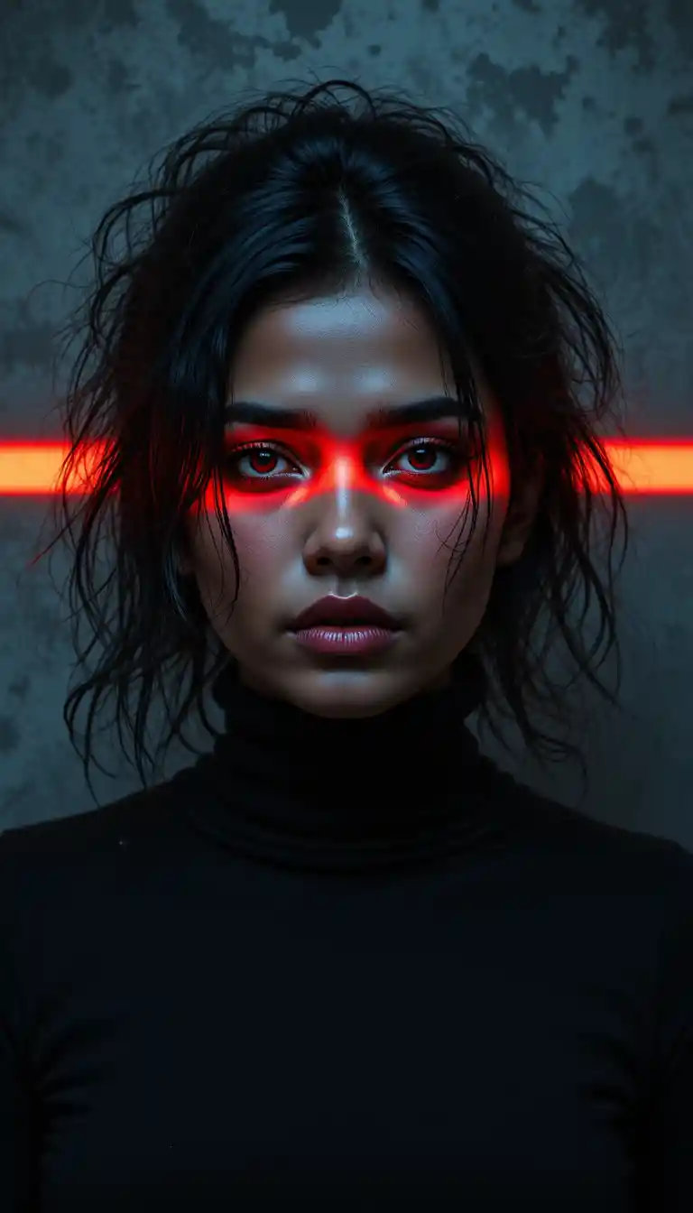 Intense portrait of an Indian woman in red neon light
