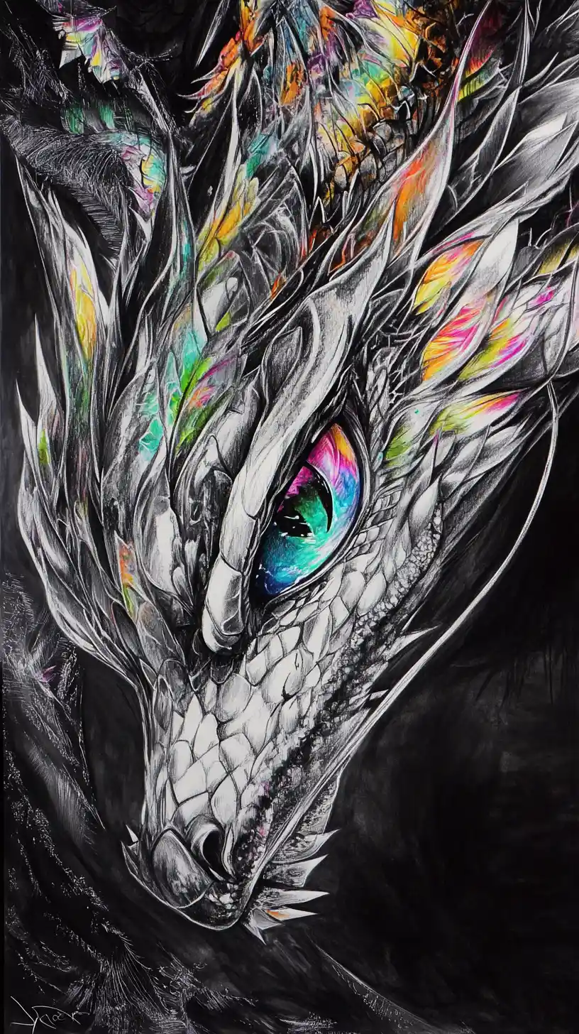 Ritratto surreale di drago al carbone con scaglie iridescenti luminose