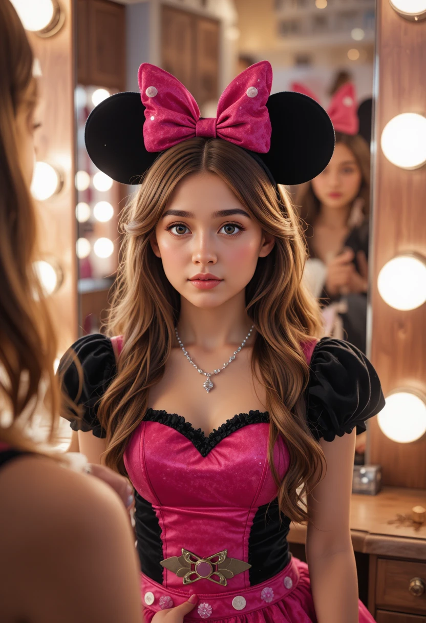 Young boy in Minnie dress getting makeup in boutique