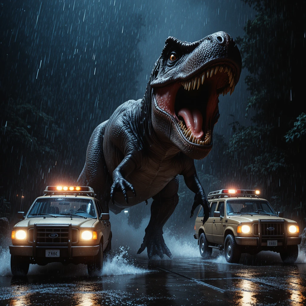 Tyrannosaurus Rex greift Autos in einem dunklen, verregneten Gehege an
