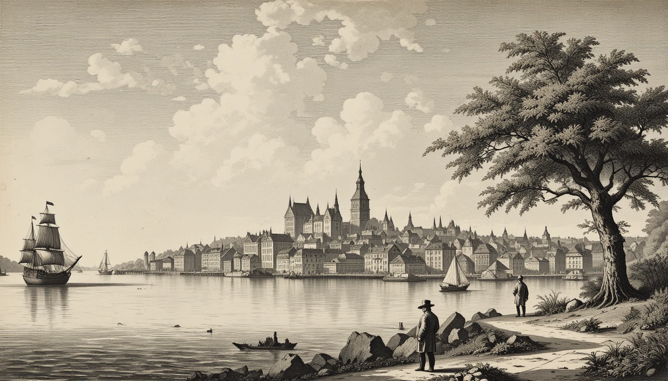 Gravura do século XVIII do movimentado litoral do porto de Boston