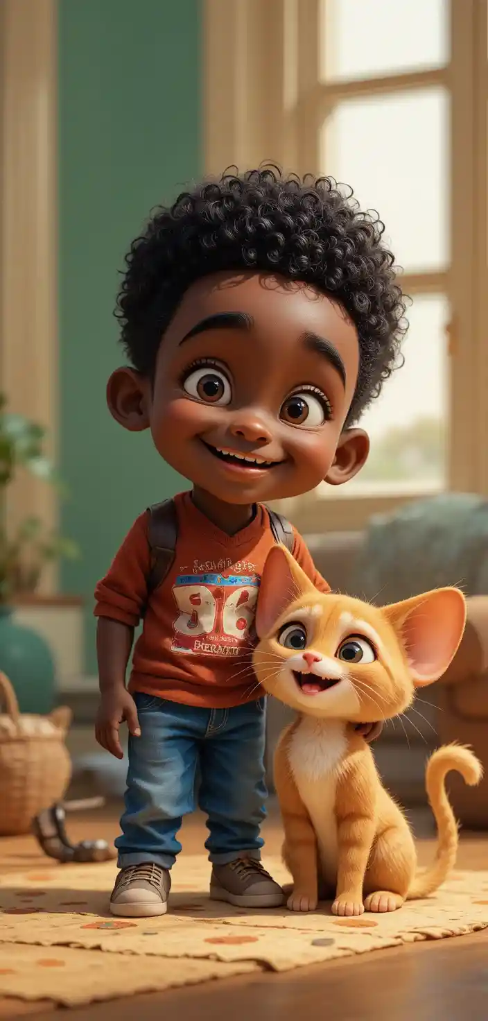 Criança africana brincalhona com gatinho em estilo cartoon vibrante