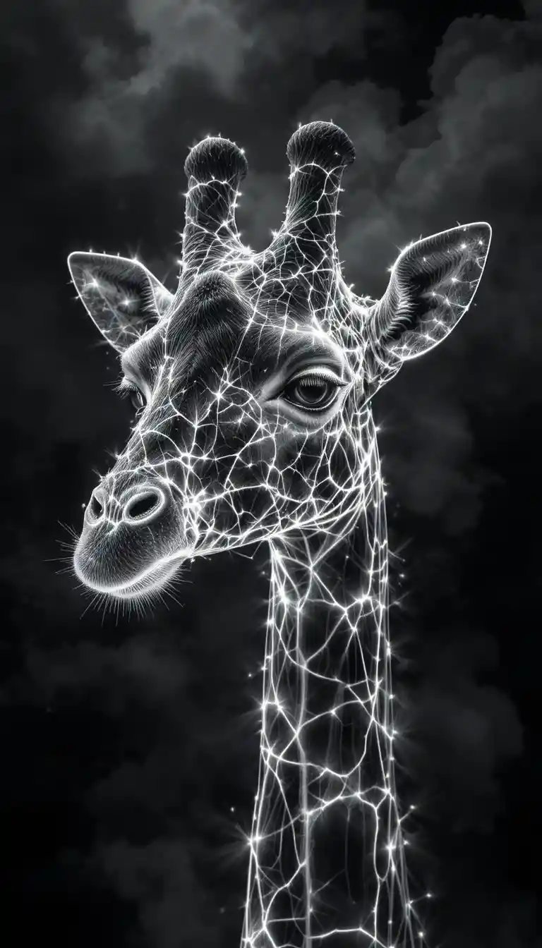 Retrato surreal de girafa brilhante em preto e branco