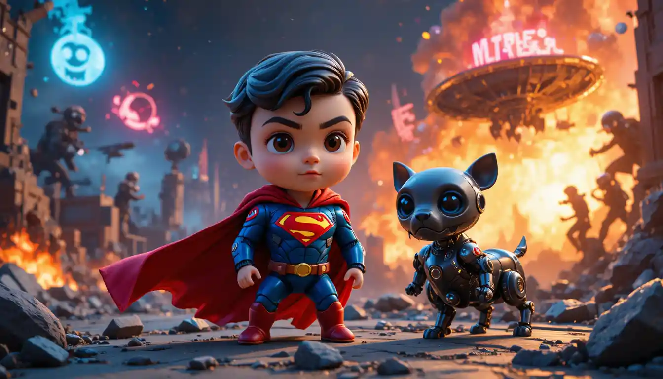 Young space hero boy with robot dog in neon ruins