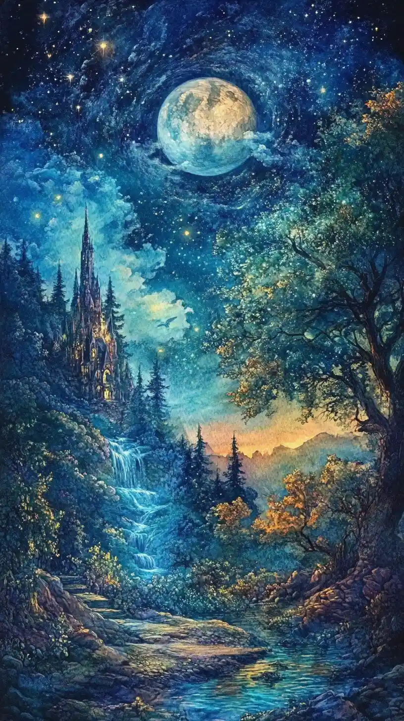 Märchenhafte Aquarellszene von Schneewittchen in der Nacht