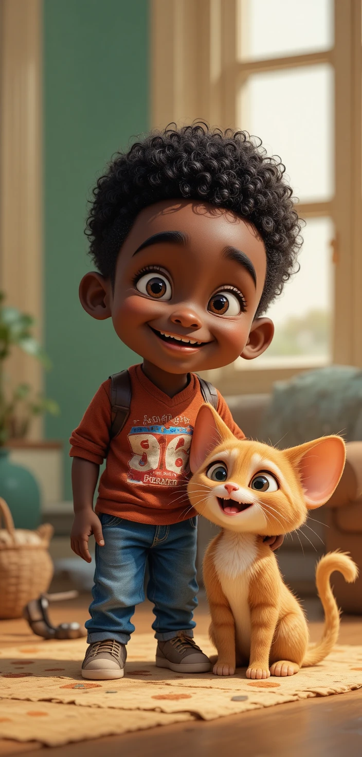 Playful African child with kitten in bright cartoon style