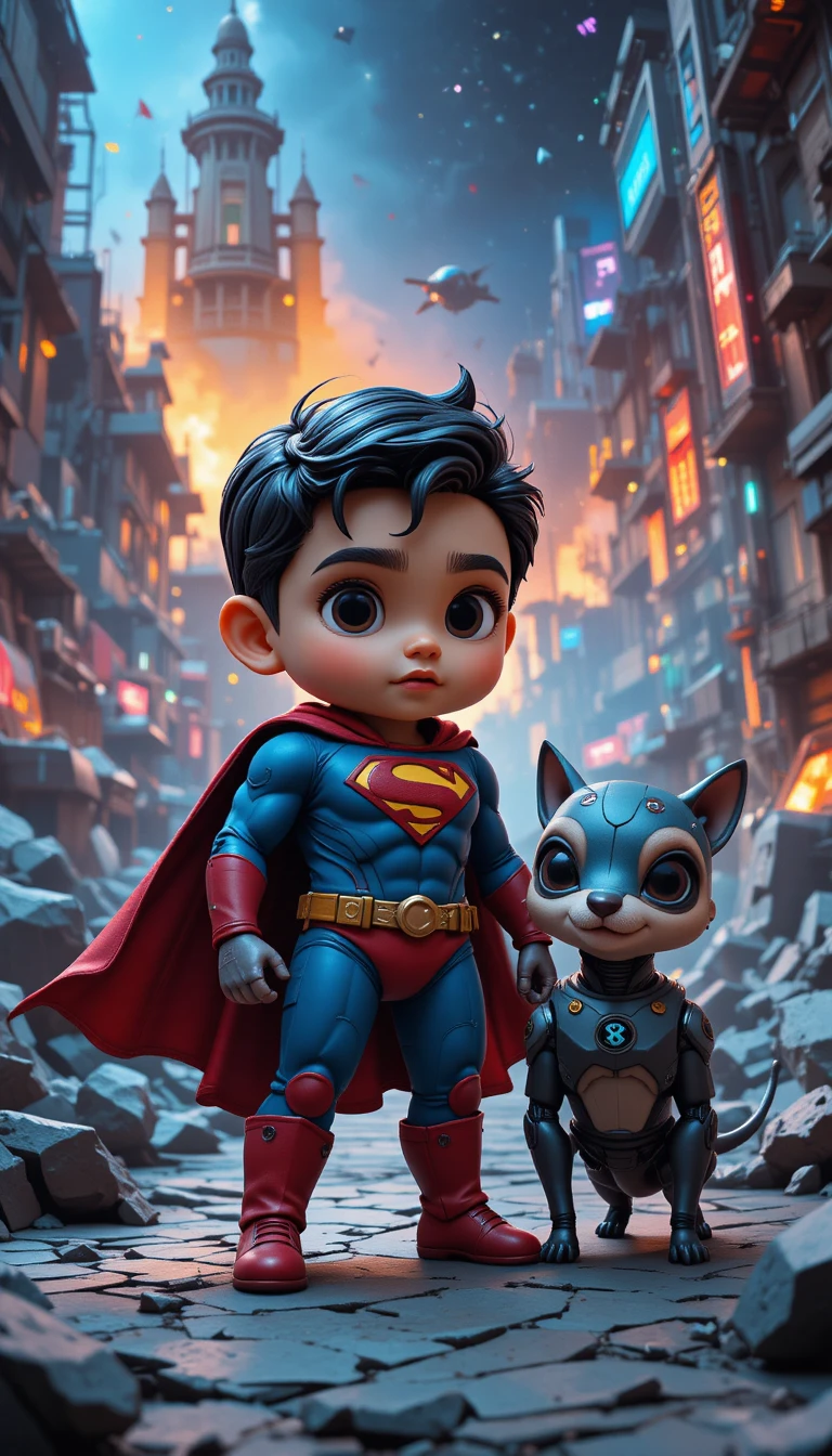 Little space superhero boy with robotic dog companion