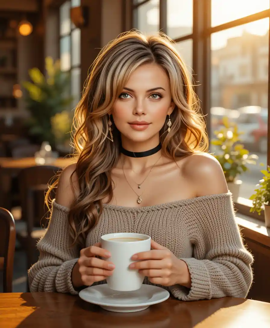 Young woman with coffee in a warm sunlit cafe