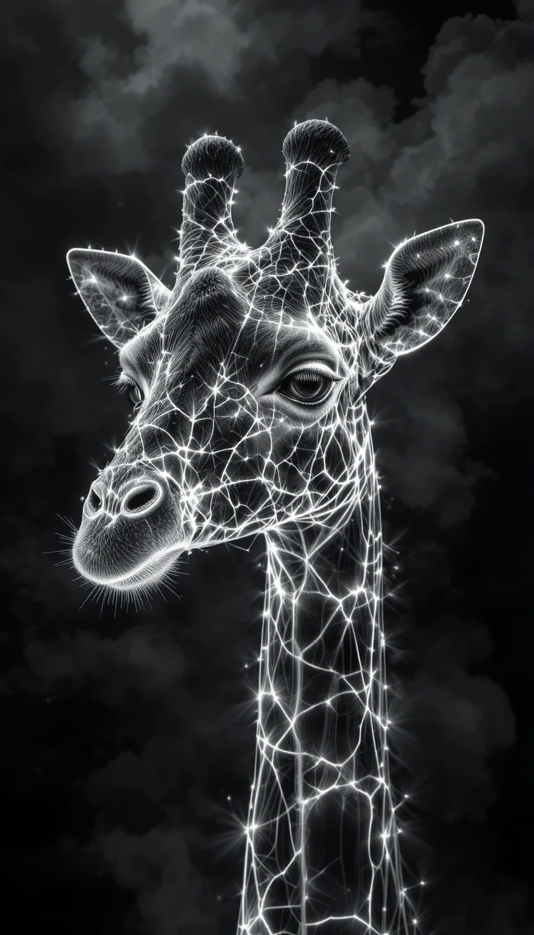 Retrato surreal de girafa brilhante em preto e branco