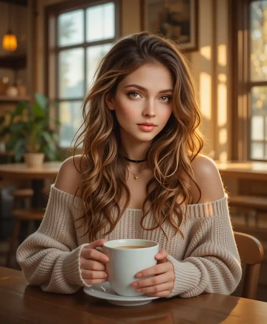Young woman with coffee in warm sunlit cafe