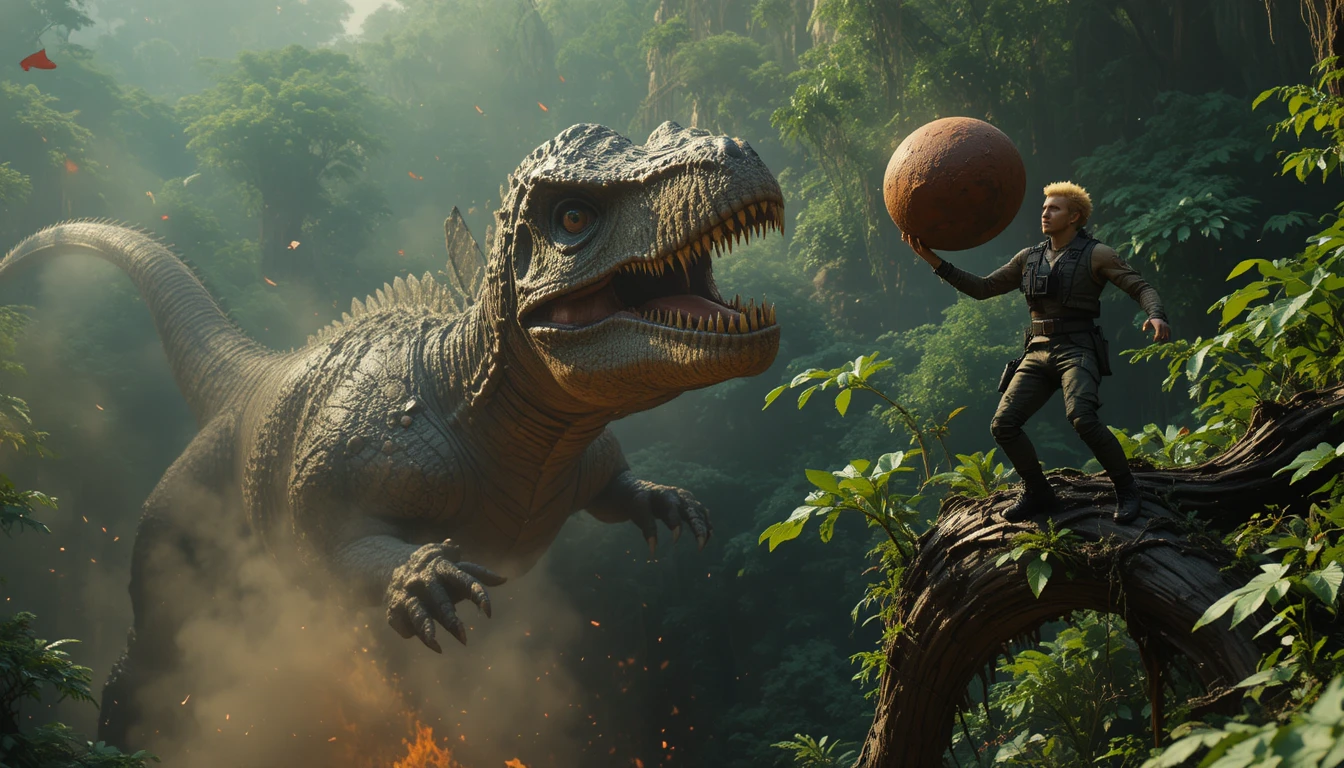 Batalha aérea com dinossauro no denso dossel da selva