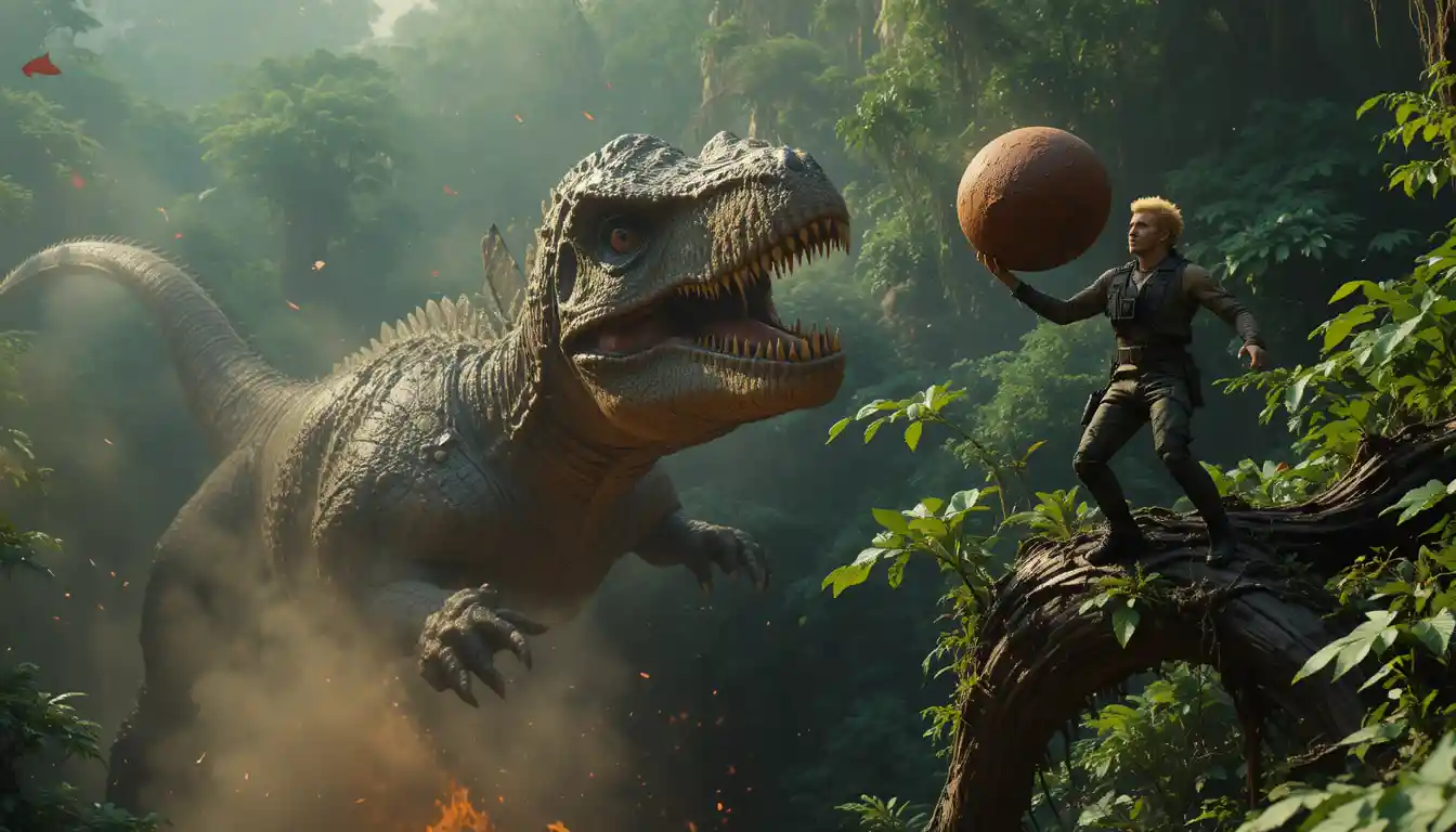 Batalha aérea com dinossauro no denso dossel da selva