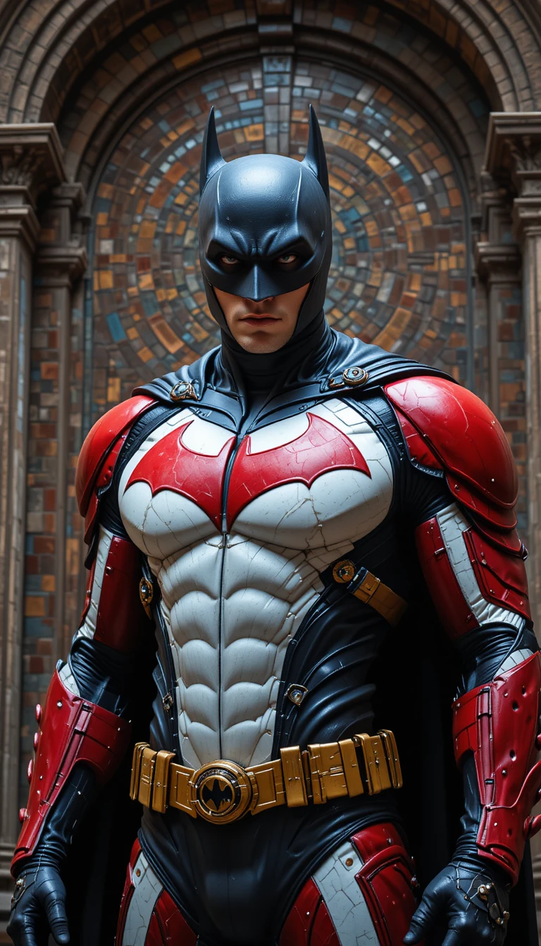 Life size red and white superhero before abstract mosaic backdrop