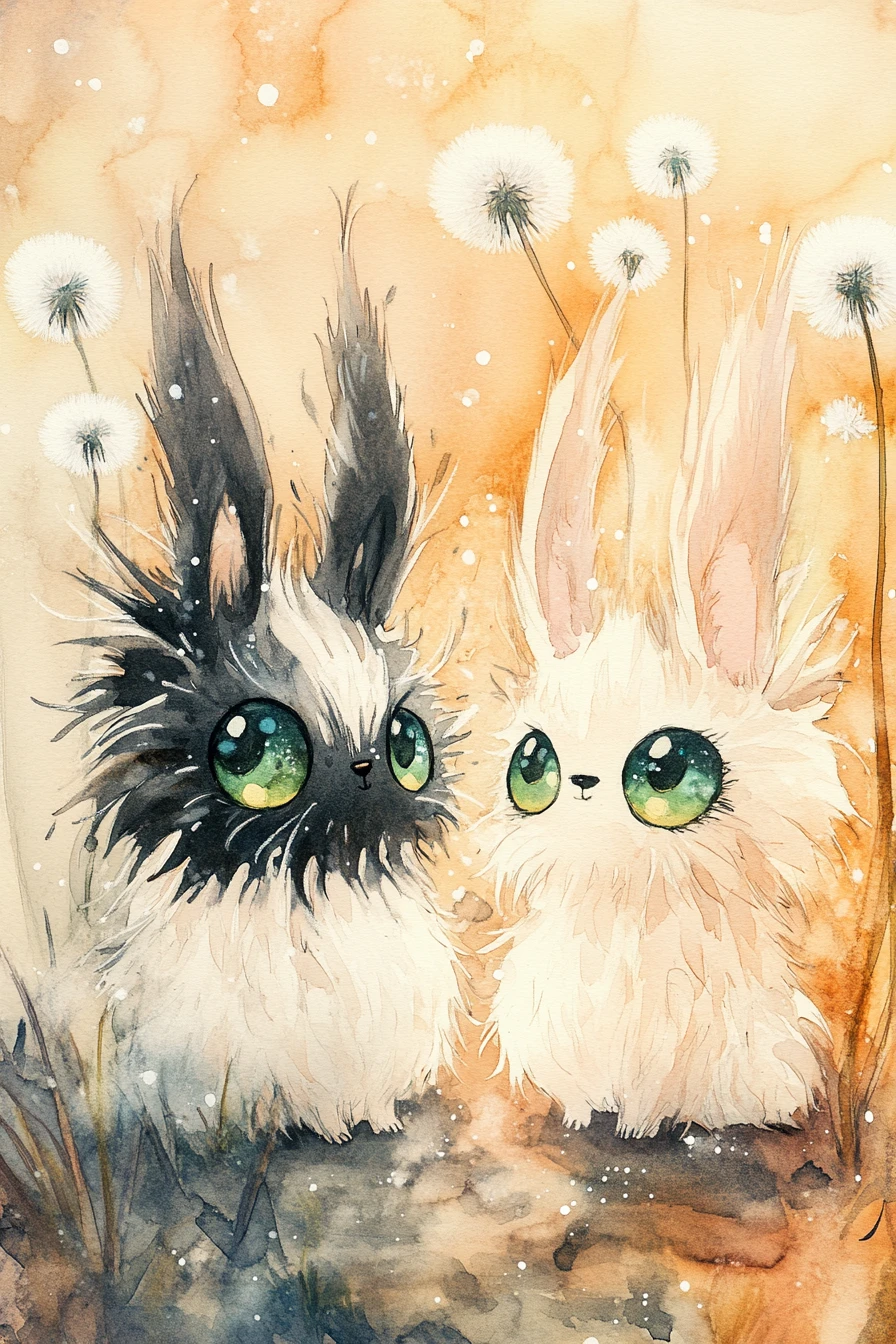 Whimsical watercolor creatures among glowing dandelion flowers