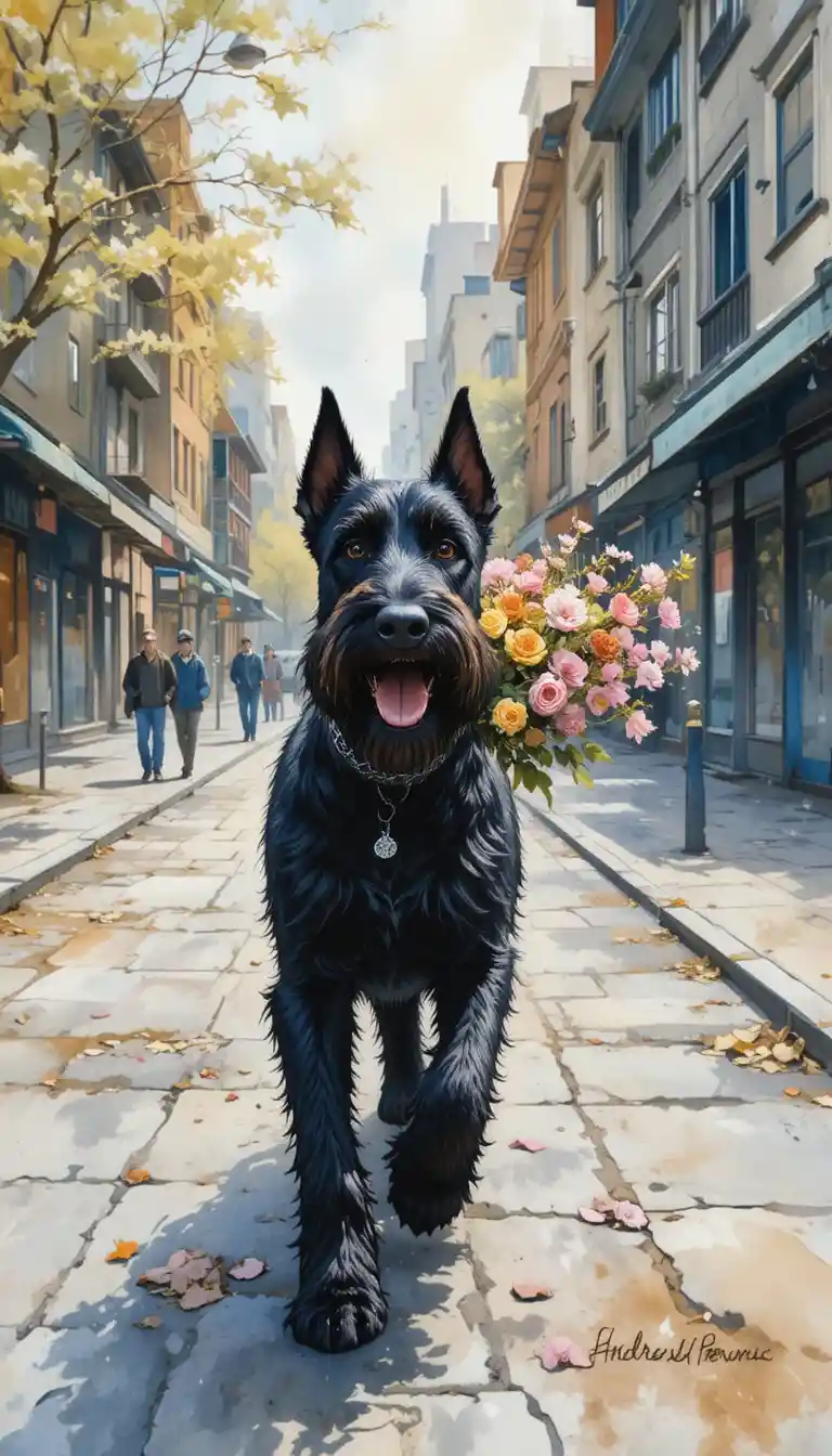 Schnauzer preto carregando flores em uma rua da cidade na primavera