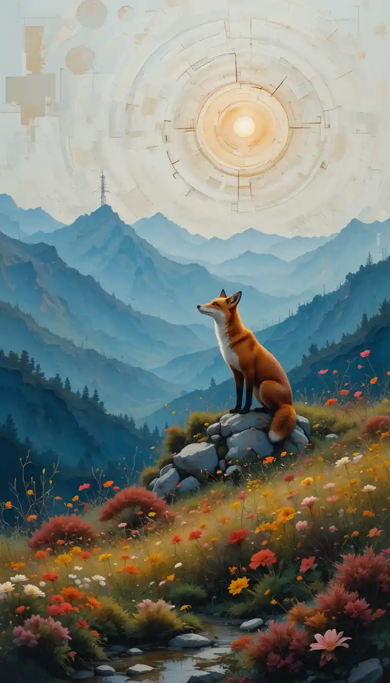 Raposa vermelha minimalista em uma suave crista de paisagem primaveril abstrata