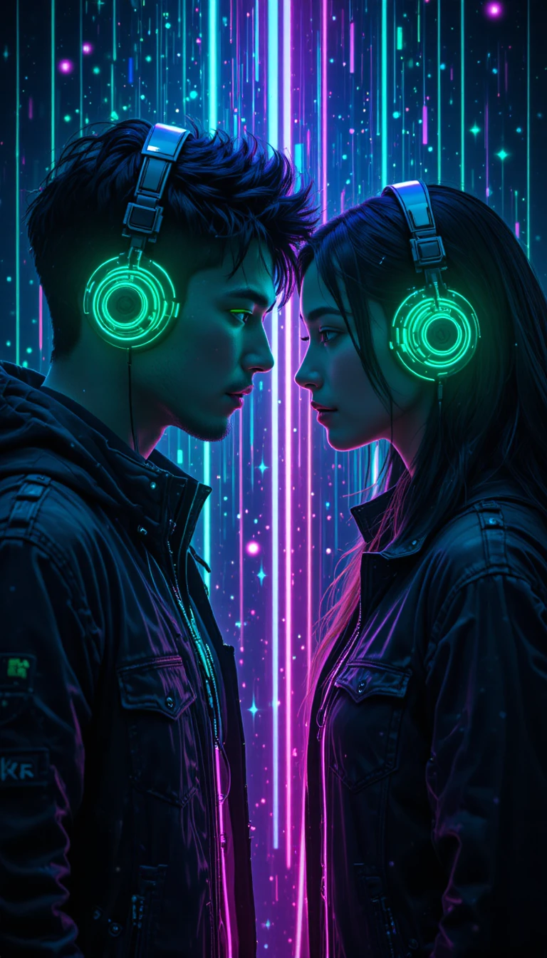 Cyberpunk-Paar, verbunden durch leuchtende Neon-Kopfhörer