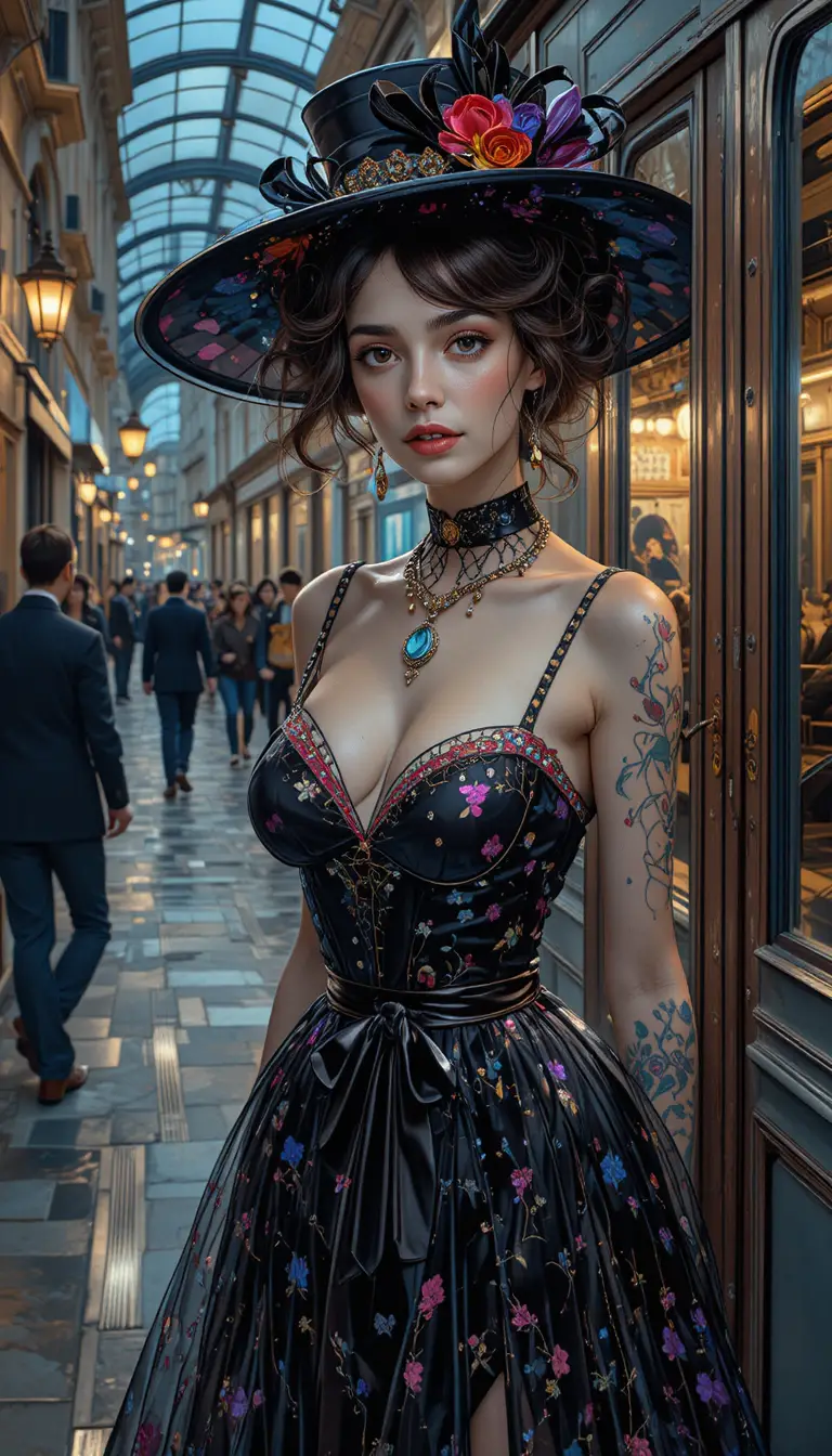 Femme de mode surréaliste dans une rue de Paris la nuit
