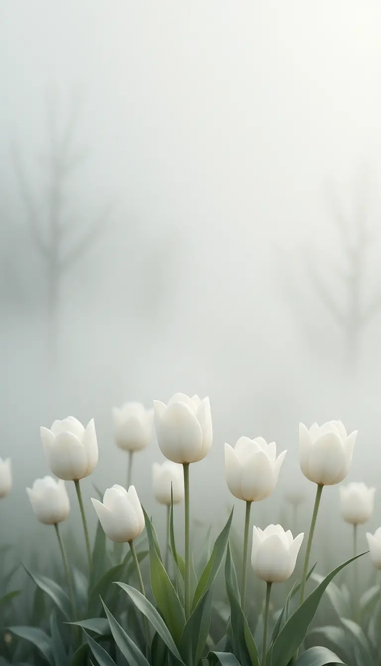 White tulips and grapes on a foggy abstract background