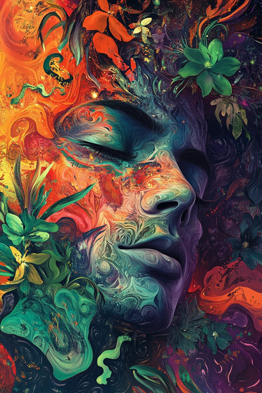 Surreal close up face with green eyes and foliage