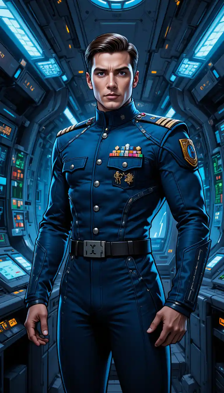 Selbstbewusster Sci-Fi-Kapitän auf einer futuristischen Raumschiffbrücke