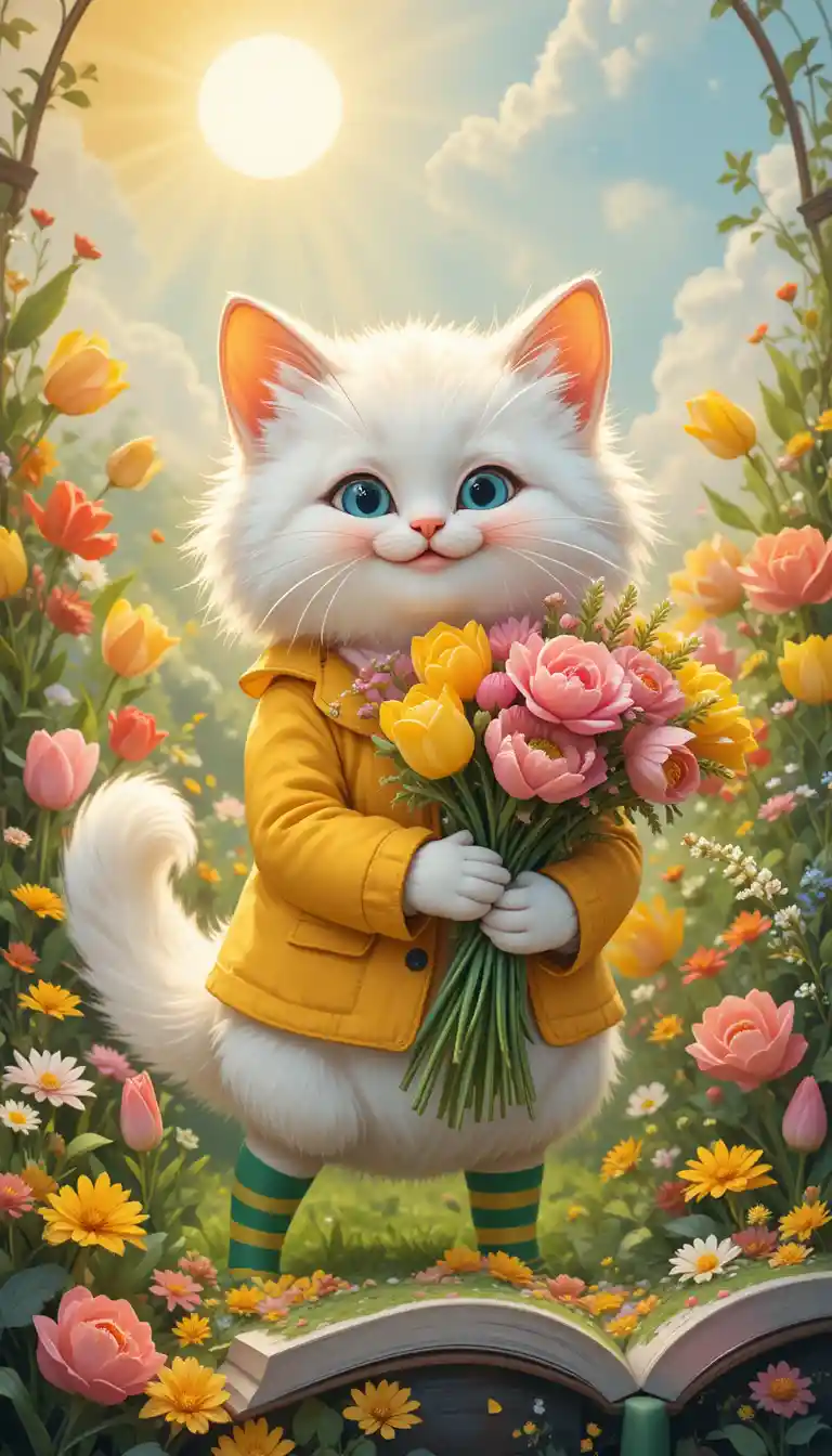Chaton cartoon joyeux avec des fleurs sous un soleil éclatant