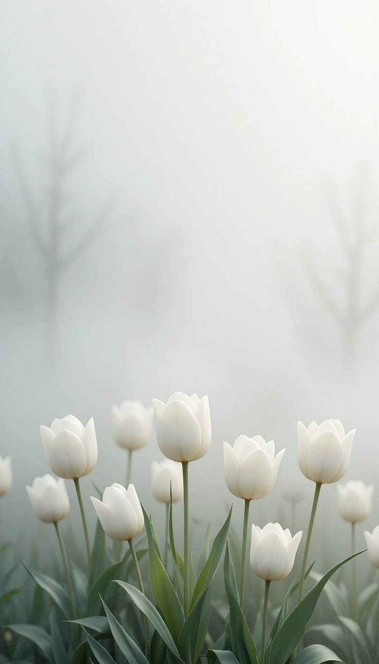 Weiße Tulpen und Trauben vor nebligem abstraktem Hintergrund