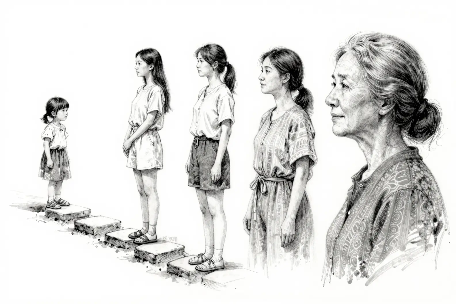 象徴的な人生の道を歩む女性の墨絵ポートレート