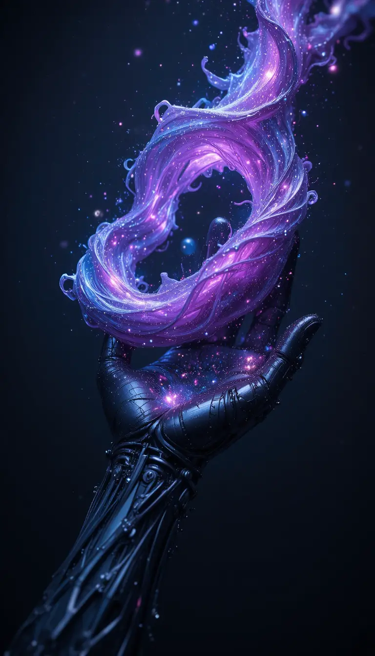 Mano meccanica di metallo liquido che tiene un nastro cosmico luminoso