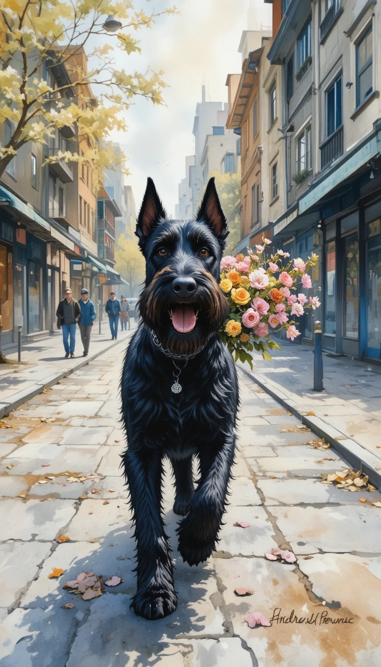 Schnauzer preto carregando flores em uma rua da cidade na primavera