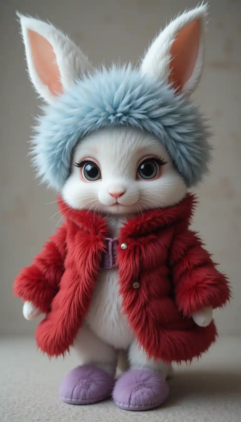 Cute white chibi rabbit in colorful fluffy fox fur outfit