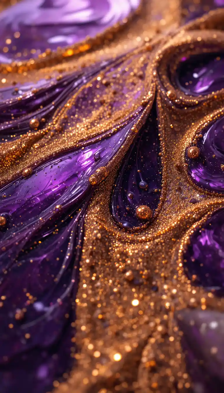 Primo piano di liquido metallico viola fluido con polvere dorata