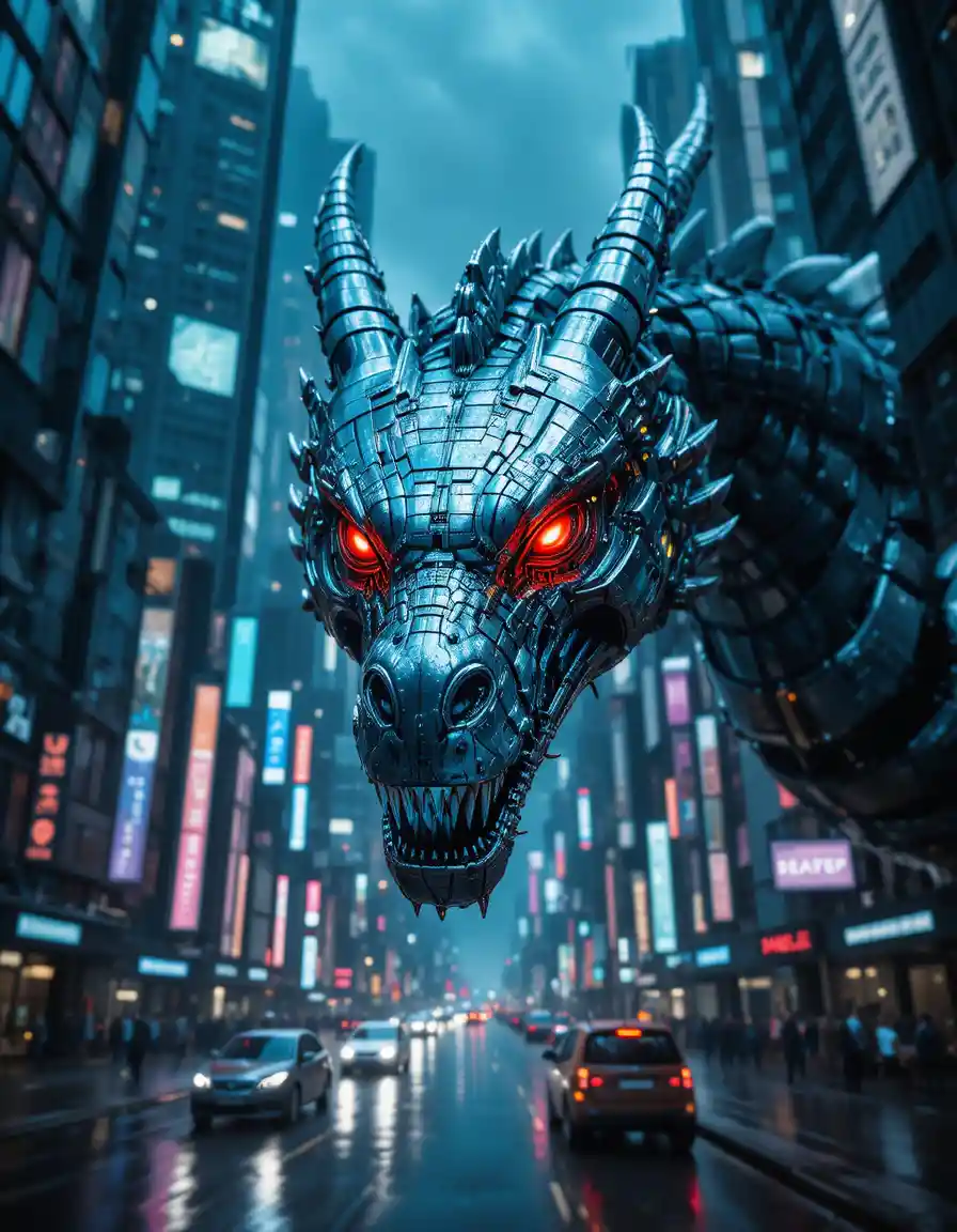 Cybernetic dragon head above a rainy futuristic city