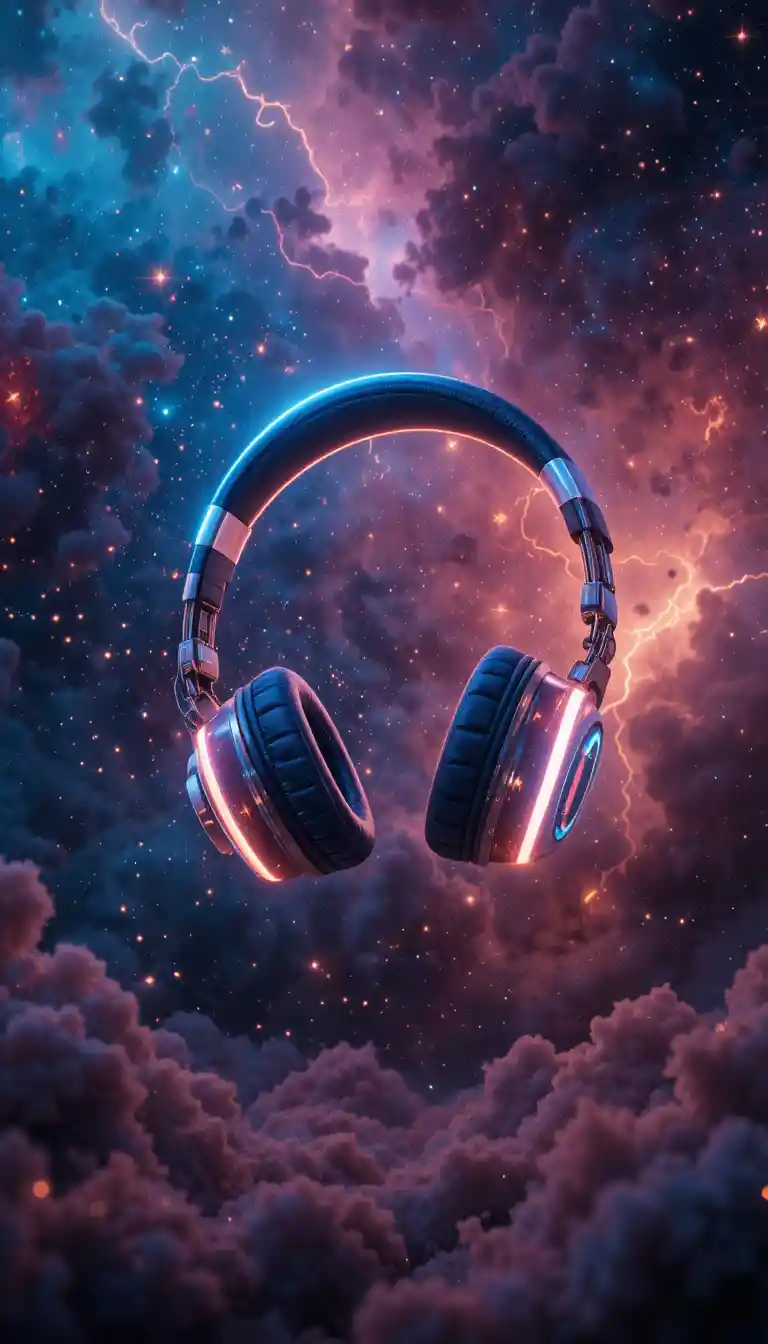 Fones de ouvido neon brilhantes flutuando no espaço profundo colorido