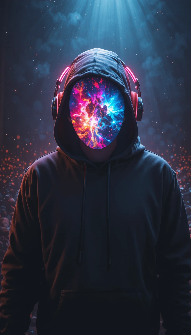 Silhouette di DJ Incappucciato con Viso Galassia e Cuffie al Neon