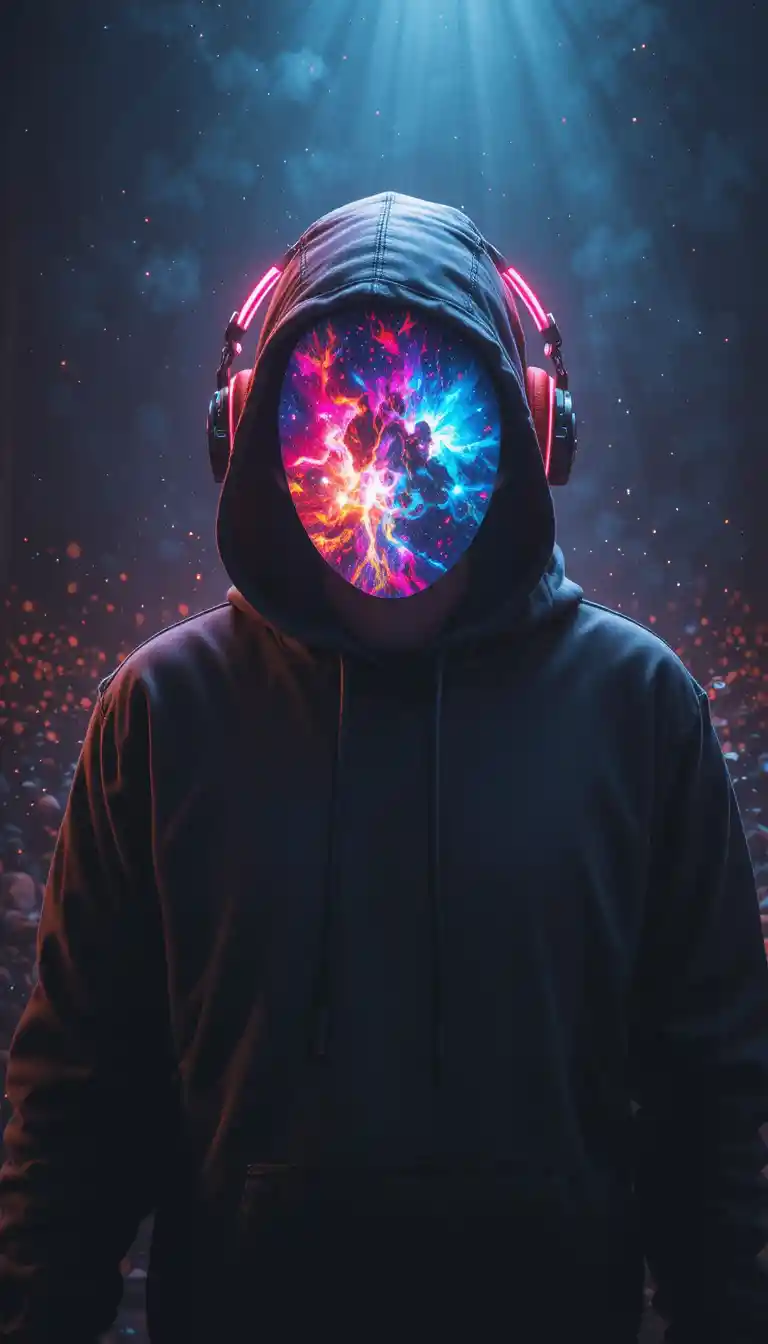 Silhouette di DJ Incappucciato con Viso Galassia e Cuffie al Neon