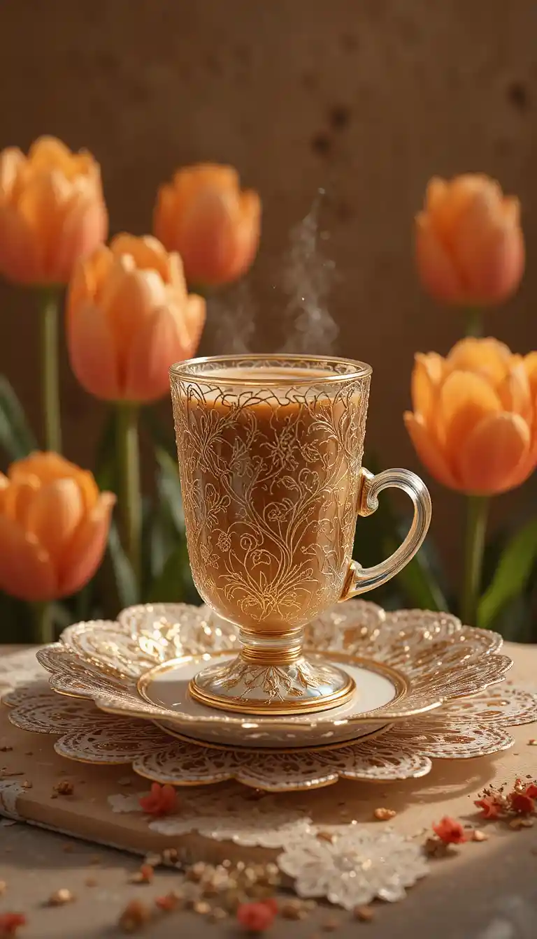 Golden mesh coffee cup on lace plate with tulips