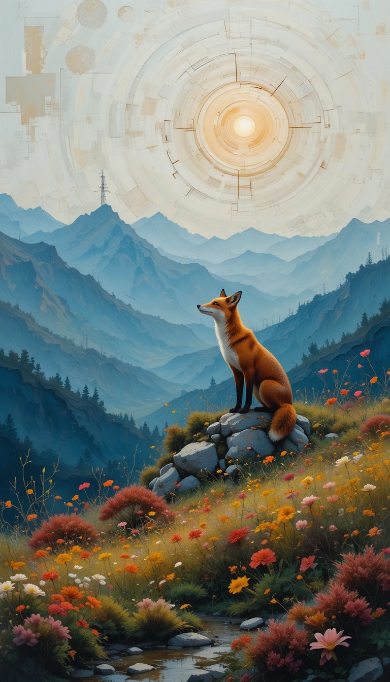 Raposa vermelha minimalista em uma suave crista de paisagem primaveril abstrata