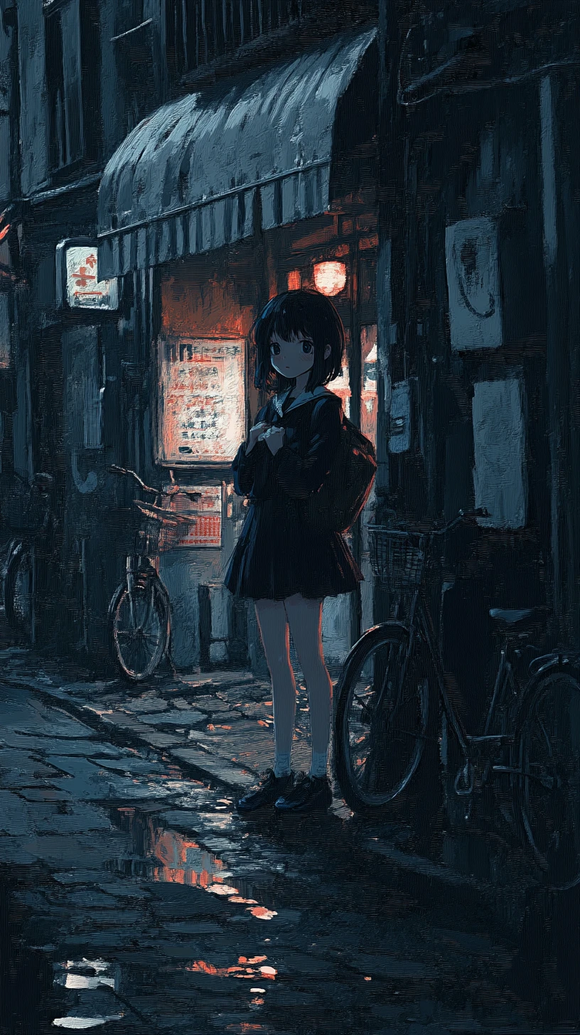 薄暗い路地でカウボーイを抱きしめる悲しいアニメ風女子高生