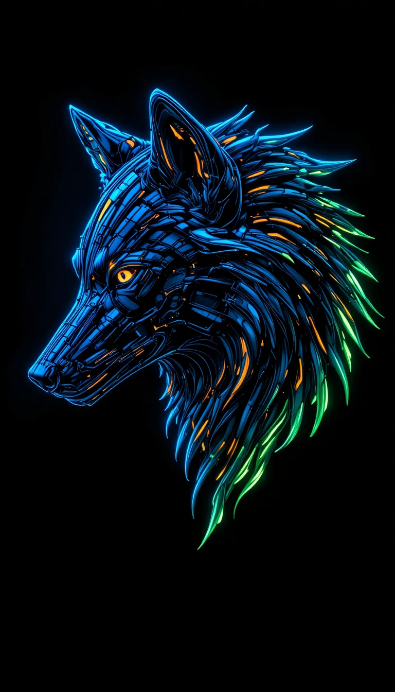 Lobo Mecânico Neon em Perfil sobre Fundo Preto Profundo