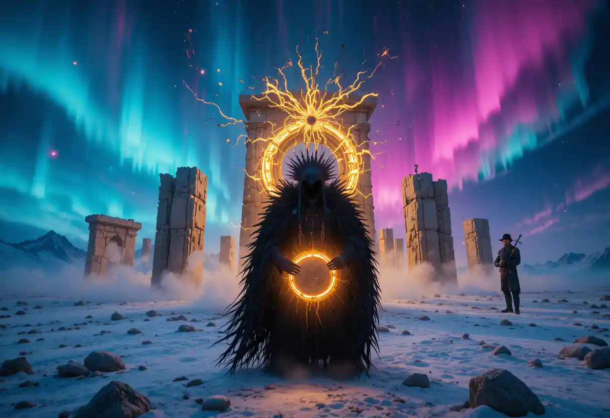 Shaman Drumming In Neon Lit Siberian Tundra Night