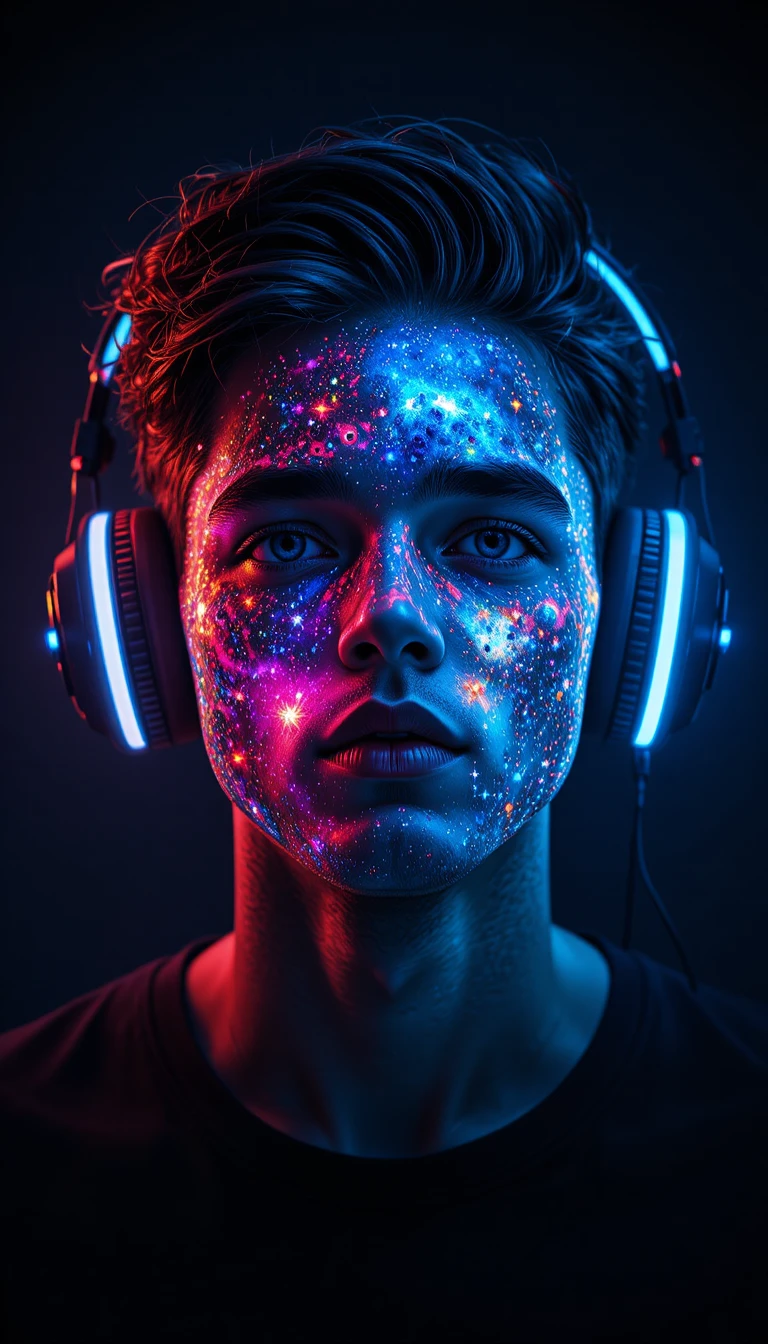 Young man with neon headphones and a galaxy face portrait