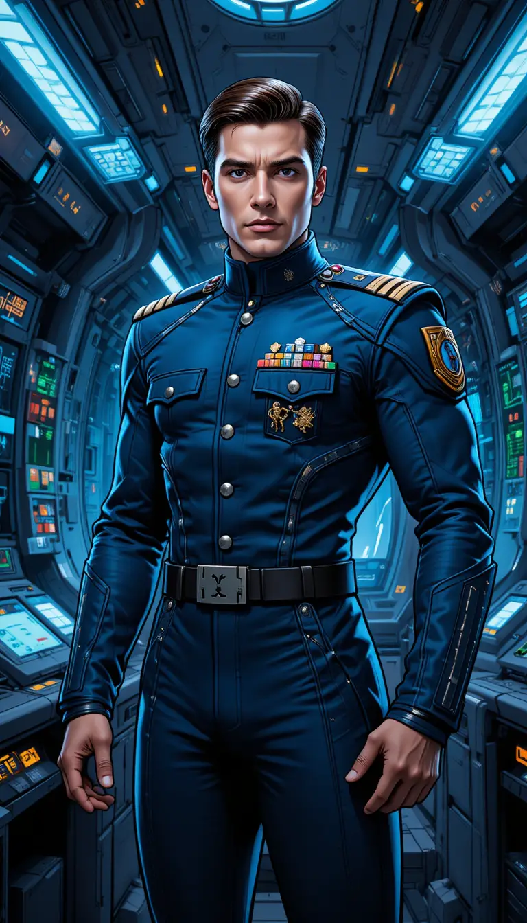 Selbstbewusster Sci-Fi-Kapitän auf einer futuristischen Raumschiffbrücke