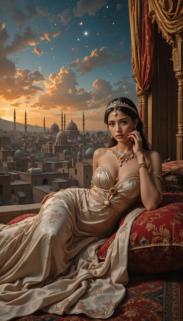 Sensual young girl reclining on red pillow in Arabian city