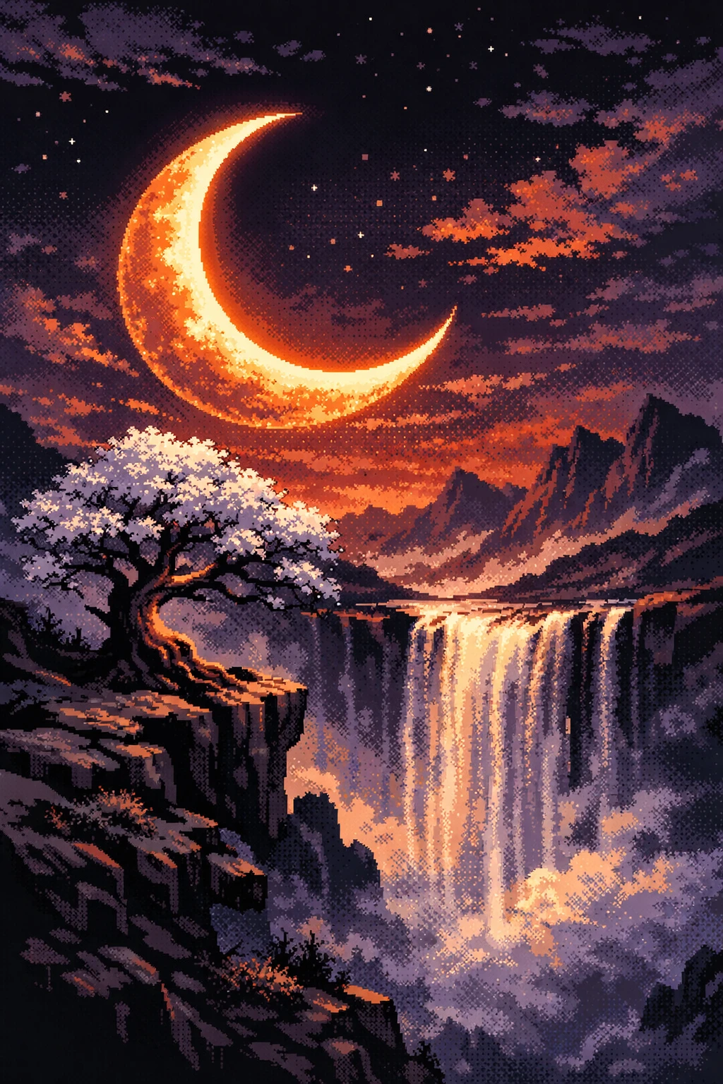 Arbre sur falaise en pixel art sous un croissant de lune lumineux