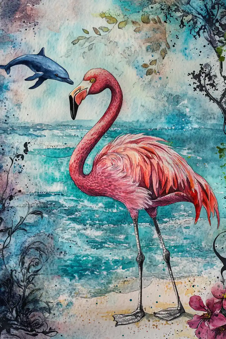 Pink flamingo watercolor by the shore with dreamy colors