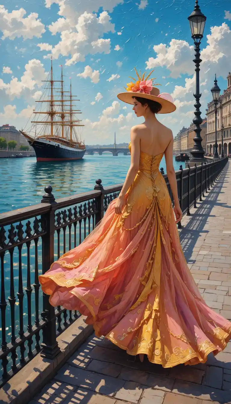 Mujer elegante caminando por un muelle soleado junto al río en París