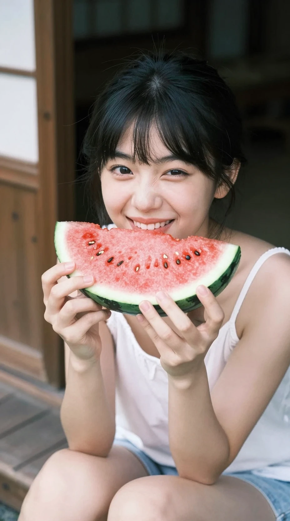 Verspieltes japanisches Mädchen mit Wassermelone in extremer Nahaufnahme