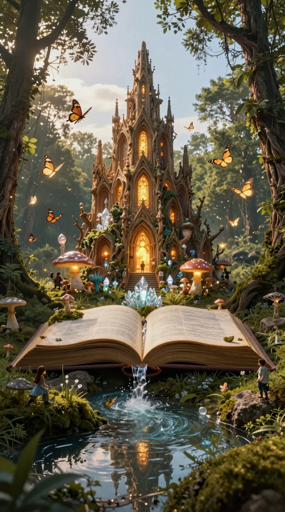 Ancient Stone Book Unfolding Into Enchanted Forest Cathedral